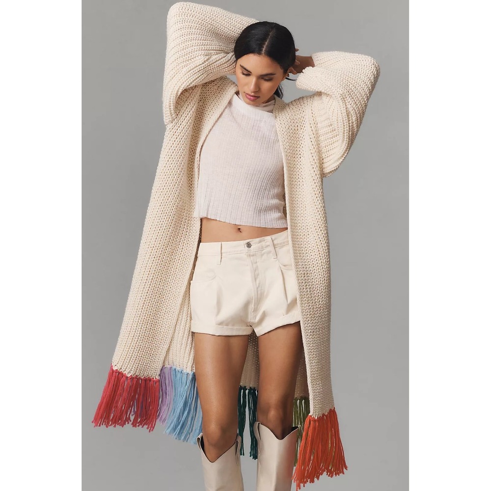 Anthropologie Chunky Knit Longline‎ Cardigan Rainbow Fringe One Size Sweater NEW